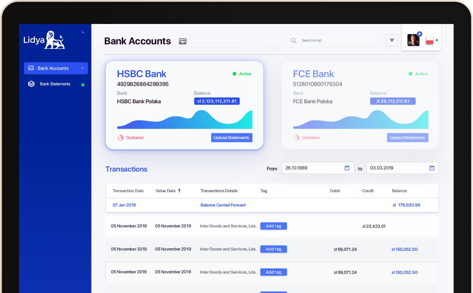 Bank accounts associated to loan application in Lidya system in desktop